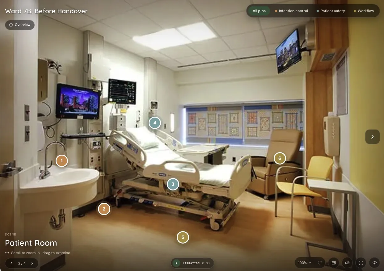 The student view of the Patient Room with numbered pins