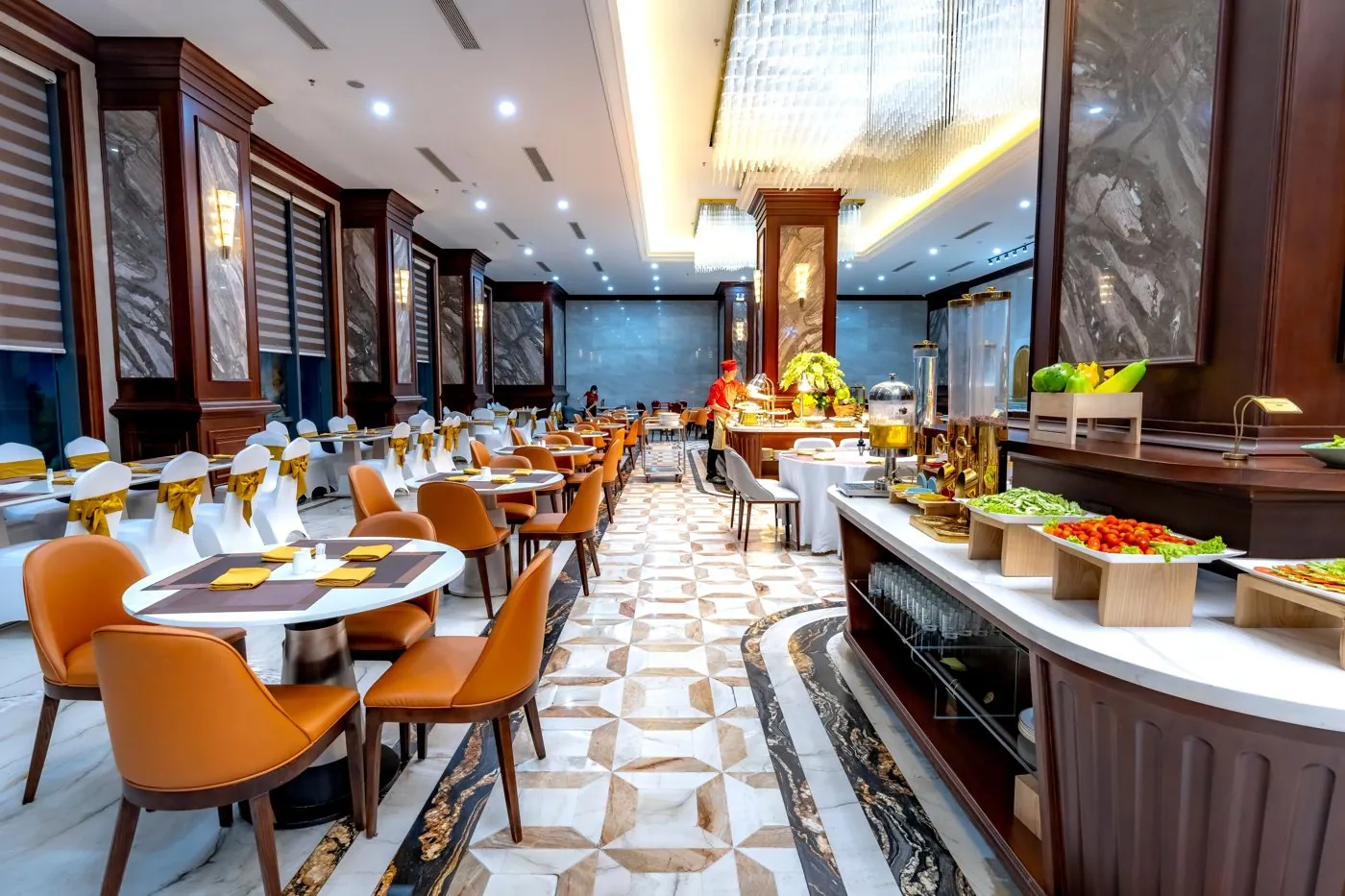 Hospitality: a hotel dining room and buffet set before service